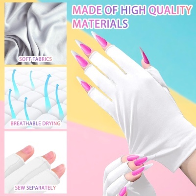 Luvas brancas de tecido macio com texto promocional e fundo colorido