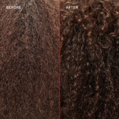 Cabelo castanho em dois estados: seco e frisado (BEFORE) e hidratado e definido (AFTER).