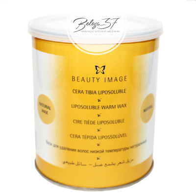 Frasco amarelo e branco de cera depilatória Beauty Image com texto em várias línguas