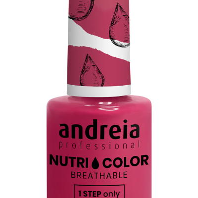 Frasco de verniz de unhas rosa com tampa branca e texto em preto.