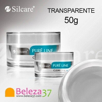 Dois frascos transparentes de gel Silcare PURE LINE com tampa prateada e texto TRANSPARENTE 50g