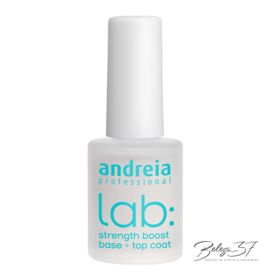 Frasco de verniz para unhas branco com texto azul.