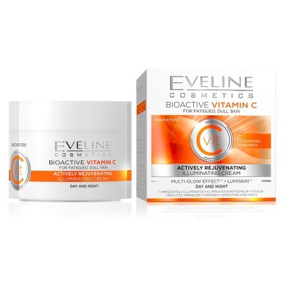 Creme iluminador anti-idade Eveline Cosmetics Bioactive Vitamin C com embalagem branca e detalhes laranja ao lado da caixa do produto.