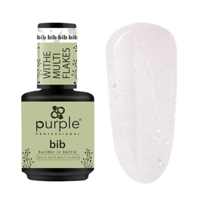 Frasco de verniz branco com flakes multicoloridos e amostra da cor