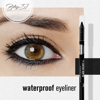 Eyeliner preto à prova de água com embalagem preta e branca ao lado de olho maquiado.