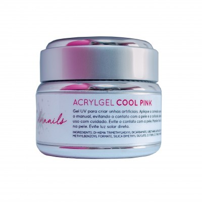 Frasco pequeno de Acrylgel Cool Pink para unhas com tampa prateada e rótulo branco