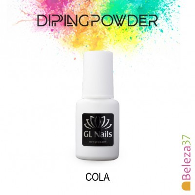 Frasco branco de cola para unhas GL Nails com rótulo preto e texto colorido no fundo