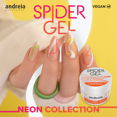 Pote de Spider Gel da Andreia Professional com mãos femininas decoradas com gel colorido neon