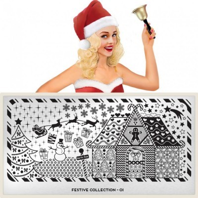 Mulher vestida de Natal com sino e ilustração natalícia preta e branca de casa e árvore