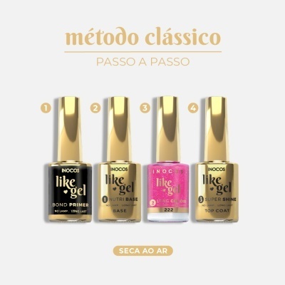 Frascos de verniz de unhas INOCOS like gel com tampa dourada e texto explicativo