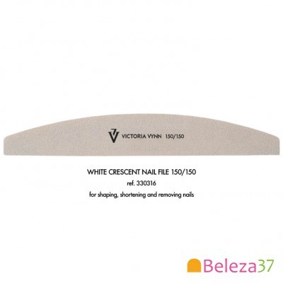 Lima de unhas branca em forma de crescente com texto e marca VICTORIA VYNN