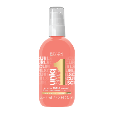 Frasco rosa com creme para cabelo Revlon Uniq One Curls Treatment 230 ml