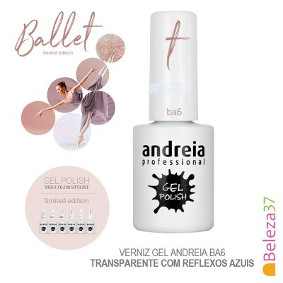 Verniz gel Andreia Professional branco com texto preto e gráfico de bailarina em tons rosa