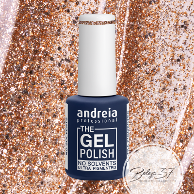 Verniz gel azul escuro andreia professional com tampa branca e texto branco sobre fundo glitter dourado