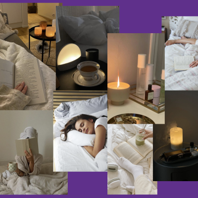 Colagem de imagens de relaxamento com pés, livros, chá, velas, banho e descanso em casa