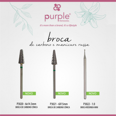 Três brocas de manicure em fundo branco com desenhos florais e texto promocional da marca Purple Professional.