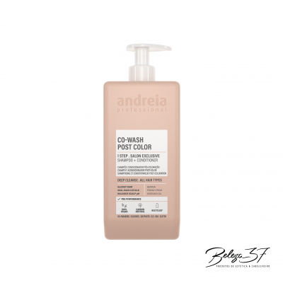 Frasco bege de shampoo e condicionador Andreia Professional CO-WASH POST COLOR com tampa de bomba branca.