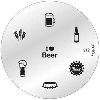 Placa redonda metálica com símbolos e texto relacionados à cerveja