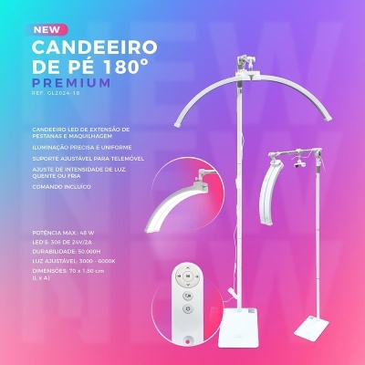 Candeeiro de pé branco com LED e suporte ajustável, comando remoto, fundo colorido