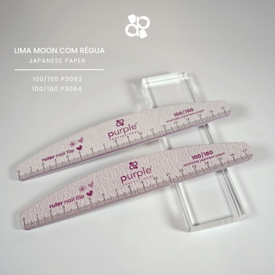 Duas limas de unha brancas com régua e texto roxo sobre caixa transparente