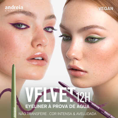 Imagem promocional de eyeliners Andreia Professional verde e violeta, com texto informativo sobre o produto