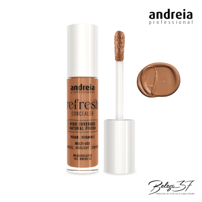 Corretor líquido Andreia Professional Refresh Concealer em tom bege médio com aplicador e gota de produto