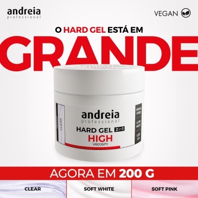 Frasco branco de hard gel para unhas Andreia Professional com texto promocional e indicação de cores