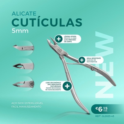 Alicate cutículas 5mm em aço inoxidável com cabo ergonómico em fundo verde claro