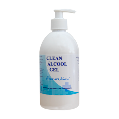 Frasco branco de álcool gel com rótulo azul e branco