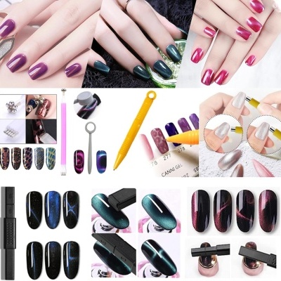 Várias fotos de unhas decoradas com verniz colorido e ferramentas de manicure