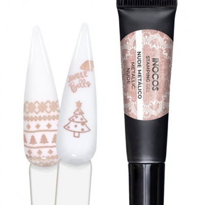 Gel de carimbo para unhas Inocos Nude Metálico com amostras de carimbos natalícios