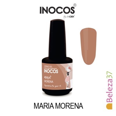Frasco de verniz gel INOCOS cor Maria Morena com amostra da cor e rótulo ilustrativo