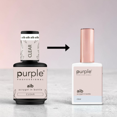 Duas embalagens de esmalte purple professional aib acrygel in bottle clear, uma preta e outra branca com tampa rosa