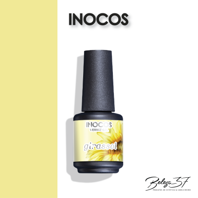 Frasco de verniz gel INOCOS girassol com tampa preta e rótulo com girassol