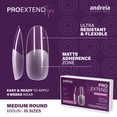 Unhas postiças medium round Andreia Professional em fundo roxo