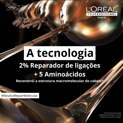 Imagem promocional de produto L'Oréal com estrutura molecular dourada e texto explicativo.