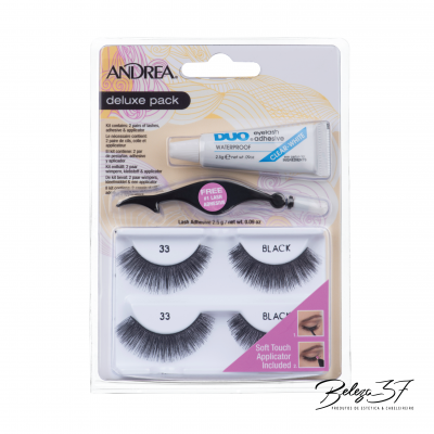 Pack de pestanas postiças Andrea deluxe com cola e aplicador preto em embalagem branca e lilás