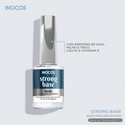 Frasco de base endurecedora INOCOS strong base com rótulo azul e branco