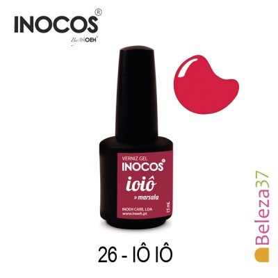Frasco de verniz gel INOCOS cor marsala com rótulo vermelho e texto branco