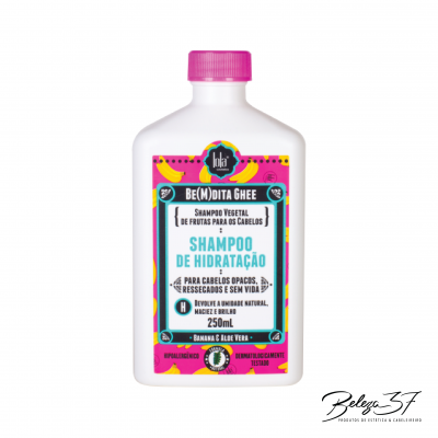 Frasco branco de shampoo Be(m)dita Ghee com tampa rosa e rótulo colorido