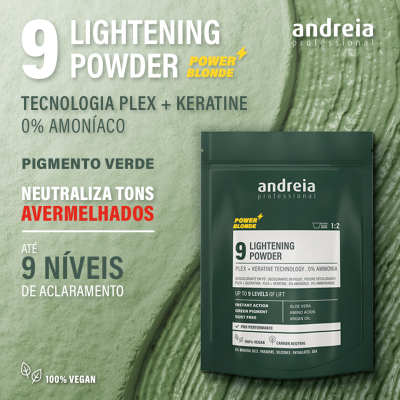 Pó descolorante Andreia Professional Lightening Powder Power Blonde embalagem verde escura