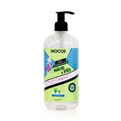 Gel higienizador mãos e pés Inocos com doseador preto e rótulo colorido