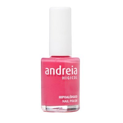 Verniz de unhas rosa Andreia Higicol com texto branco