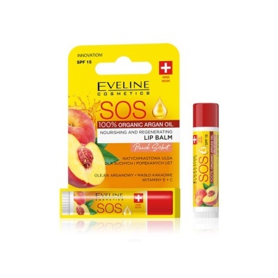 Bálsamo labial Eveline Cosmetics SOS com óleo de argão e pêssego em embalagem amarela e tubo branco com tampa vermelha