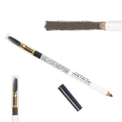 Lápis para sobrancelhas branco com escovilhão, tampa removida e traço de cor castanha