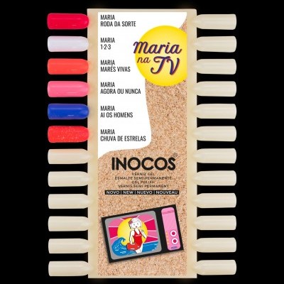 Mostruário de verniz gel Inocos com 12 cores diferentes de esmalte semipermanente e ilustração de televisor colorido.