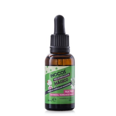 frasco castanho com conta-gotas e etiqueta verde de regenerador para unhas e cutículas