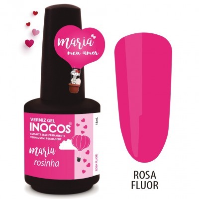Frasco de verniz gel INOCOS rosa fluor com etiqueta rosa e branca e amostra da cor