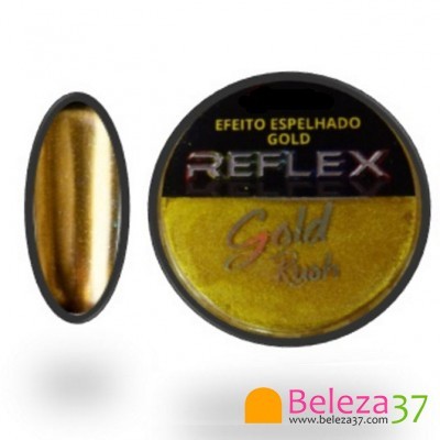 Pó pigmento dourado metálico em embalagem redonda preta com texto REFLEX Gold Rush