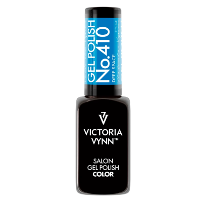 Frasco de verniz gel preto Victoria Vynn com tampa azul e texto No.410 DEEP SPACE